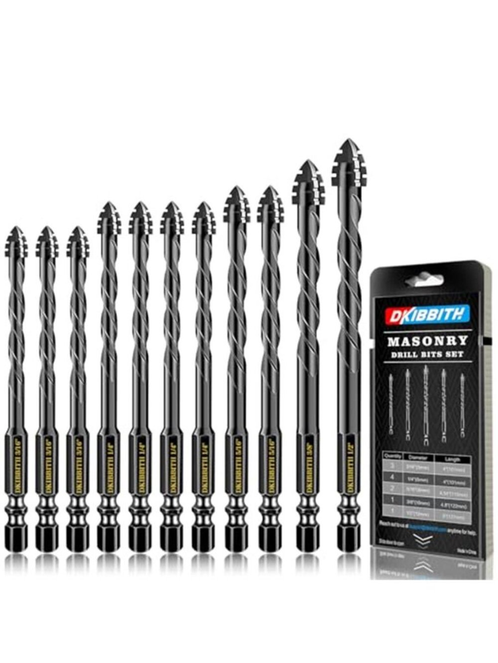 New 4-Flute Serrated Masonry Drill Bit Set,11-Piece Black - 3/16" to 1/2"